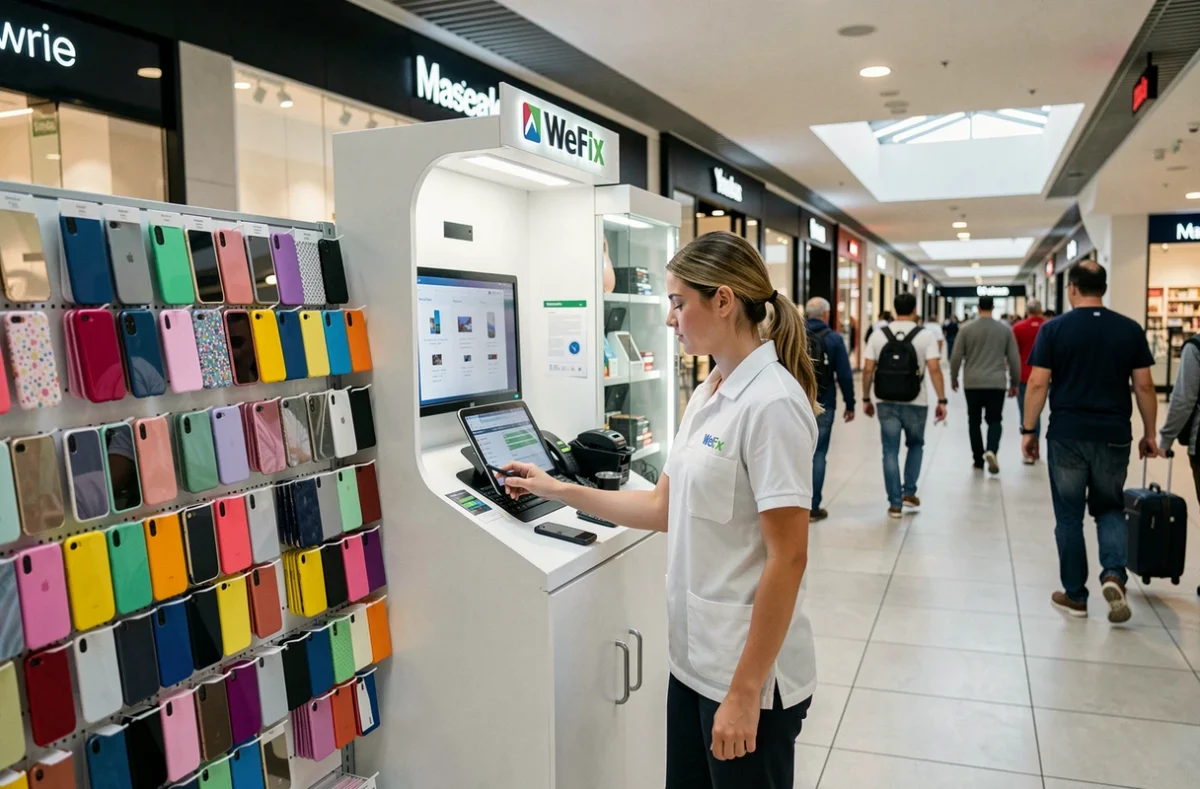 Technicienne WeFix effectuant une réparation express dans un centre commercial de Marseille